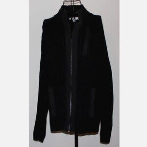 Calvin Klein Black Cardigan Sweater Ribbed Cotton Long Zip Front Sz L Pockets